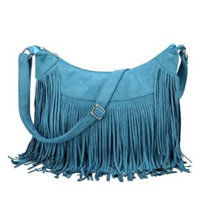 Vintage Tassel Crossbody Bag Premium Vegan Suede Saddle Purse Fringe Shoulder Bag for Women Girls (Turquoise)