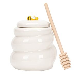 Ceramic Honey Pot with Lid and Wooden Dipper, 14oz Beehive Honey Jar for Home Kitchen Honey Syrup Jam Jelly，White