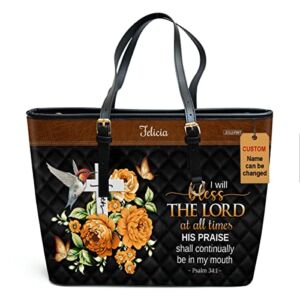 Jesuspirit Personalized Christian Religious Scripture Gifts – I Will Bless The Lord At All Times Faith Gift For Church Ladies – Customized Spiritual Large Leather Tote Bag With Zipper For Women Of God