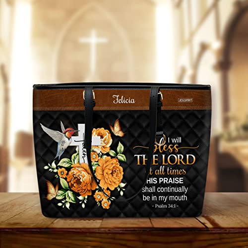 Jesuspirit Personalized Christian Religious Scripture Gifts – I Will Bless The Lord At All Times Faith Gift For Church Ladies – Customized Spiritual Large Leather Tote Bag With Zipper For Women Of God | The Storepaperoomates Retail Market - Fast Affordable Shopping