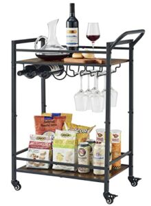 Tajsoon 2-Tier Bar Cart, Mobile Bar Serving Cart, Industrial Style Wine Cart for Kitchen, Beverage Cart with Wine Rack and Glass Holder, Rolling Drink Trolley for Living Room, Rustic Brown