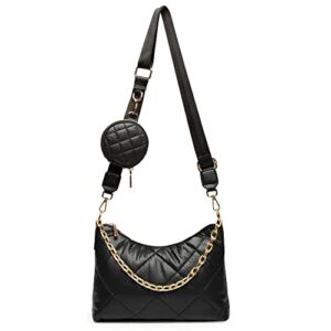 Herald Quilted Puffer Hobo Crossbody Bag for Women, Lightweight Shoulder Side Handbag with Chain Strap & Coin Purse Pouch (Black)