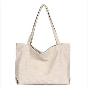 Sightor Corduroy Tote Bag for Women Shoulder Bag Big Capacity Shopping Bag Casual Handbags (Beige)