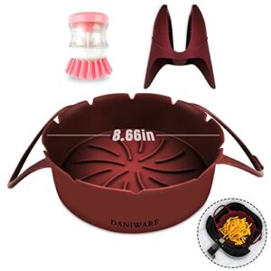 DANIWARE Silicone Air Fryer Liner with Grip and Cleaning Brush. Oven Airfryer Liners, Heat-Resistant Food-grade basket. silicone baking tray, Non-stick Reusable Round Pot with handles, 8.66 Inch.
