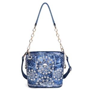 YeFine Bling Rhinestone Women’s Handbags Sparkling Crystal Wedding Party Purses Denim Shoulder Bags Evening Bag (Rhinestone Sling Bag Blue)