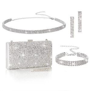 Coucoland Evening Rhinestone Clutch Jewelry – Wedding Bridal Bridesmaid Handbags Purses Silver Accessories for Women Statement Necklace Earrings Bracelets Set Formal Women’s Sets