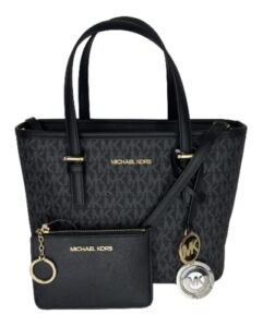Michael Kors Jet Set Travel XS Carryall Convertible Top Zip Tote bundled with SM TZ Coinpouch and Purse Hook (Signature MK Black Gold)