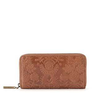 The Sak Essential Zipper Wallet in Leather, Tobacco Floral Embossed