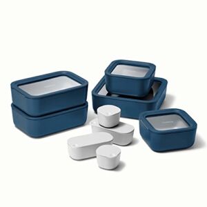 Caraway Glass Food Storage Set, 14 Pieces – Ceramic Coated Food Containers – Easy to Store, Non Toxic Lunch Box Containers with Glass Lids – Includes Storage Organizer & Dot & Dash Inserts – Navy