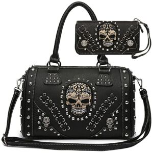 Sugar Skull Day of the Dead Punk Art Purse Women Handbag Shoulder Bag Wallet Set (Black)