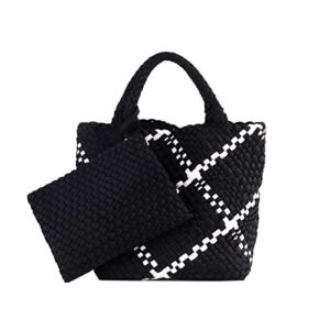 Designer Woven Tote Bag + Purse Women Neoprene Tote Handbag Fashion Large Shoulder Top-Handle Travel Bag Underarm Shopper Bag (Black)