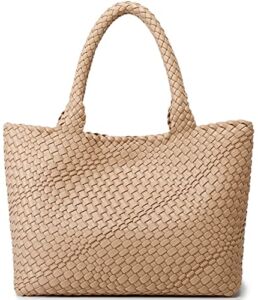 Woven Bag for Women, Fashion Top Handle Shoulder Bag Vegan Leather Shopper Bag Large Travel Tote Bag (Apricot)