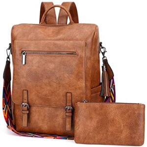 HKCLUF Backpack Purse for Women Vegan Leather Travel Backpack Multipurpose Design Convertible Satchel Bag Handbag and Purse 2Pcs Pack Backpack with Tassel(Brown)
