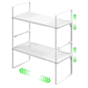 SOFRON Expandable Cabinet Storage Shelf Stackable Organizer Rack for Kitchen Bathroom Pantry Spice Cupboard Coffee Countertop Home Office Desk Heavy Duty Nonslip White Small 2 PACKS