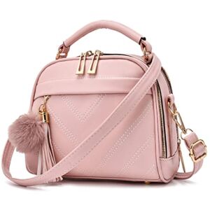 Women Leather Bag Top-handle Tote Ladies Bags Girls Crossbody Bag with Pompom Medium Shoulder Bag for Women Purse With Tassel Pink
