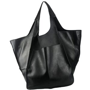 KlaOYer Oversized Leather Tote Bag Large Capacity Work Hobo Pu Leather Bucket Purse And Handbag Big Soft Travel Shopping Bag (Black)