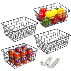 Wire Storage Baskets for Organizing, 4 Pack Pantry Baskets for Storage Metal Wire Baskets Organization for Kitchen Cabinets with Handle, Black Wire Basket For Countertop, Bathroom, Fridge, Laundry