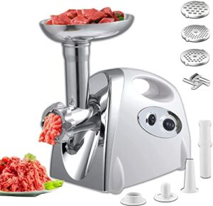 VNIMTI Meat Grinder, 2800W Electric Food Grinder, Stainless Steel Meat Mincer with Blade, 3 Plates, Sausage Stuffer Tube and Kubbe Kit for Home Kitchen (Handle-White))