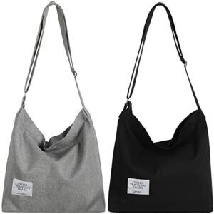 2 Pieces Large Size Canvas Shoulder Bag Casual Crossbody Handbag Travel Shopping Crossbody Bag Wide Strap Hippie Tote Bag (Black, Light Grey)