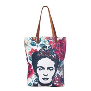 Akitai Frida Kahlo Inspired White Portrait Buenos Aires Mural Floral Tote Bag Relaxed – Shoulder – Shopper – Travel – Boho – Handbag – Womens Bag