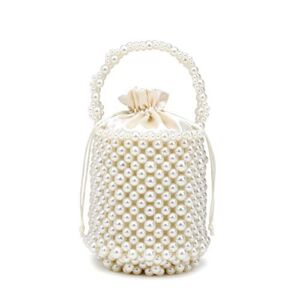 DJBM Women Handmade Beaded Handbag Bucket Handbag Artificial Pearl Clutch Bag for Party Wedding
