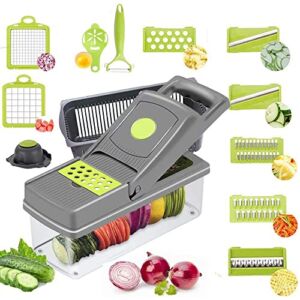 OuYteu Vegetable Chopper Dicer Onion Chopper, 14 in 1 Food Chopper Fruits Cutter with 8 Stainless Steel Blades, Adjustable Slicer, Vegetable Cutter with Drain Rack Storage Container, Kitchen Gadget