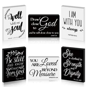 6 Pcs Bible Verse Mini Wood Signs Wooden Be Still and Know Religious Sign Inspirational Rustic Decorative Sign Scripture Tabletop Art Decor Wood Blocks for Home, 3.5 x 2.5 x 0.47 Inch (Retro Style)