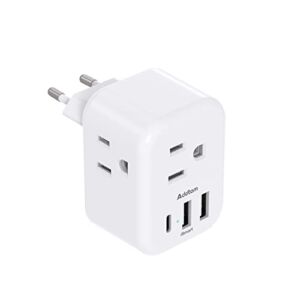 European Travel Plug Adapter, Addtam International Power Plug with 3 AC Outlets 3 USB Ports(1 USB C), Euro Type C Adapter, Essentials for US to EU Iceland Italy Spain France Germany