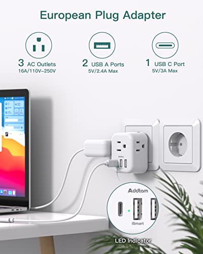 European Travel Plug Adapter, Addtam International Power Plug with 3 AC Outlets 3 USB Ports(1 USB C), Euro Type C Adapter, Essentials for US to EU Iceland Italy Spain France Germany | The Storepaperoomates Retail Market - Fast Affordable Shopping
