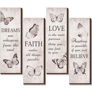 4 Pcs Butterfly Inspirational Quote Wooden Sign Love Faith Believe Dream Wall Decor Wood Flower Girls Room Decor Rustic Encouragement Signs for Home Decor Wall Bathroom Decor, 11 x 4 Inch (Butterfly)
