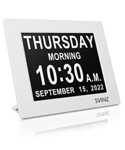 8″ Dementia Clock, Svinz Ultra Large Display for Seniors, Digital Day Clock with 5 Alarms, Auto-Dimming Clock for Bedroom with Day and Date for Elderly Vision Impaired, Memory Loss (White)