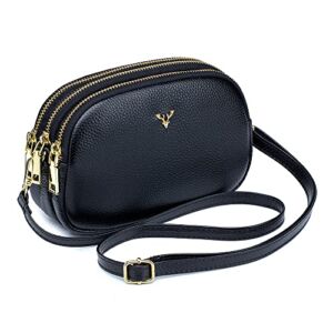 Triple Zip Small Crossbody Bags Genuine Leather Shoulder Handbags Trendy Design Cellphone Purses for Women and Girls(black)