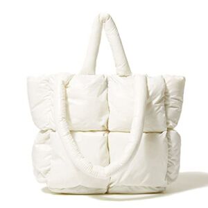BDSX Large Puffer Tote Bag, Trendy Luxury Chic Quilted Cotton Padded Designer Handbags for women, Winter Soft Puffer Shoulder Bag Nylon Down Pillow Bag Women’s Handbags & Shopper Bag (White)