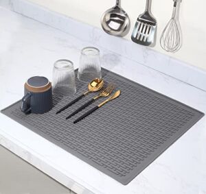 RECER Silicone Dish Drying Mat, Heat-resistant Drying Mat for Kitchen Counter, Easy to Drain and Clean, ,Eco-friendly, Non-Slip, Counter, Sink, or Bar (L(16″ x 18″), Gray)