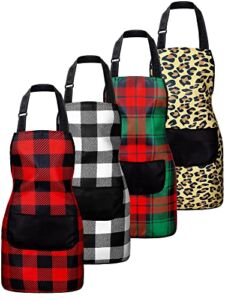4 Pieces Christmas Aprons for Kids Adjustable Buffalo Plaid Check Apron for Women Leopard Print Apron Woolen Classic Farmhouse Chef Kitchen Apron with Pocket Cooking Baking Home Christmas Party
