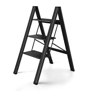 flygeneral 3 Step Ladder, Black Aluminum Folding Ladder Stool, Wider Upgraded Non-Slip Treads, Portable Lightweight Ladder for Home and Kitchen, Holds up to 330 Lbs.