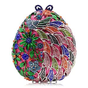 DEBIMY Peacock Carving Crystal Evening Clutch Sparkly Rhinestone Bags for Women Bridal Wedding Handbag Party Purse Rose Red