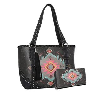 Montana West Aztec Collection Concealed Carry Leather Tote Bag Western Purse for Women MBB-MW1032G-8317BK+W, Black