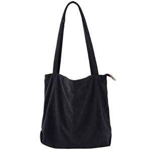 Women Corduroy Tote Bag Zipper Canvas Shoulder Handbags Girl School Large Purse With Pocket Black