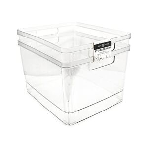 Isaac Jacobs 2-Pack Extra-Large Clear Storage Bins (11.5” L x 14” W x 9” H) w/ Cutout Handles, Plastic Organizer for Home, for Kitchen, Fridge, Pantry, BPA Free, Food Safe (2-Pack, Extra-Large)