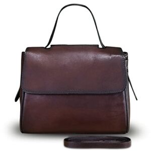 Genuine Leather Satchel for Women Handmade Vintage Top Handle Handbag Retro Cowhide Crossbody Handbags Purse (Coffee)