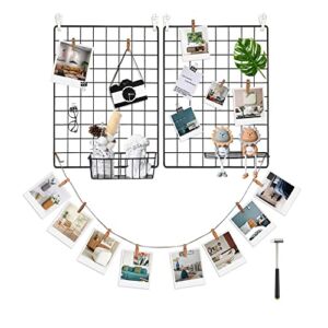 FUNLAX Grid Wall Panels, 2 Pack Wire Wall Grid for Photo Pictures Display Wall Storage Organizer Hanging Picture Metal Grid Panel for Home Office Kitchen Bathroom Decor