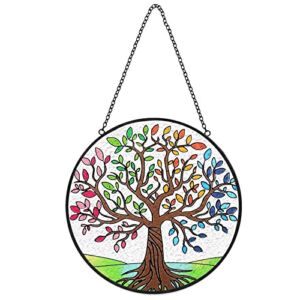 Tree of Life Stained Glass Suncatcher Four Seasons Theme Colorful Leaves Window Wall Hanging Ornament Hand-Painted Glass Panel Decor Birthday Gift for Mom Grandma Teacher Friend Nature Lovers 6.3*6.3”