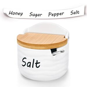PIUGERU Salt Cellar, White Seasoning Jar with Wooden Lid, Spoon and 4 Stickers (Sugar, Salt, Pepper, Honey), 9.63 OZ (273g) of Ceramic Salt and Pepper Bowl for Home and Kitchen
