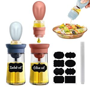 2 Packs Oil Bottle with Silicone Brush, Oil Brush Dispenser for Cooking, 2 in 1 Glass Olive Oil Dispenser Bottle with Stickers Pen for Kitchen Cooking, Frying, Baking, BBQ Pancake, Air Fryer