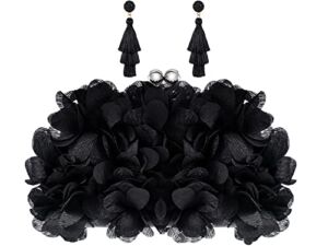 Clutch Evening Bags Satin Floral Appliques Clutch Purses Bohemian Tiered Earring for Women Prom Layered Tassel Earrings (Black)