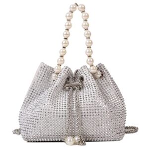 Mini Crossbody Shoulder Evening Bag Shinny Bling Clutch Purse Bucket Pearl Strap Handbag for Women (White)