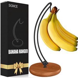 Signice Banana Holder Stand – Newest Patented Modern Banana Tree Hanger with Wood Base Stainless Steel Banana Rack for Home Kitchen Use,Doesn’t Tip Over (New Black)