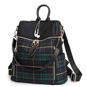 Plaid Backpack Purse for Women Fashion Casual Daypack Dual-use Travel Shoulder Bag Nylon Rucksack (Green Plaid) One_Size