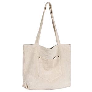 Corduroy Tote Bag, Etercycle Casual Shoulder Bag for Women Big Capacity shopping Handbags Work Tote Bag with Zipper Pockets (Beige)